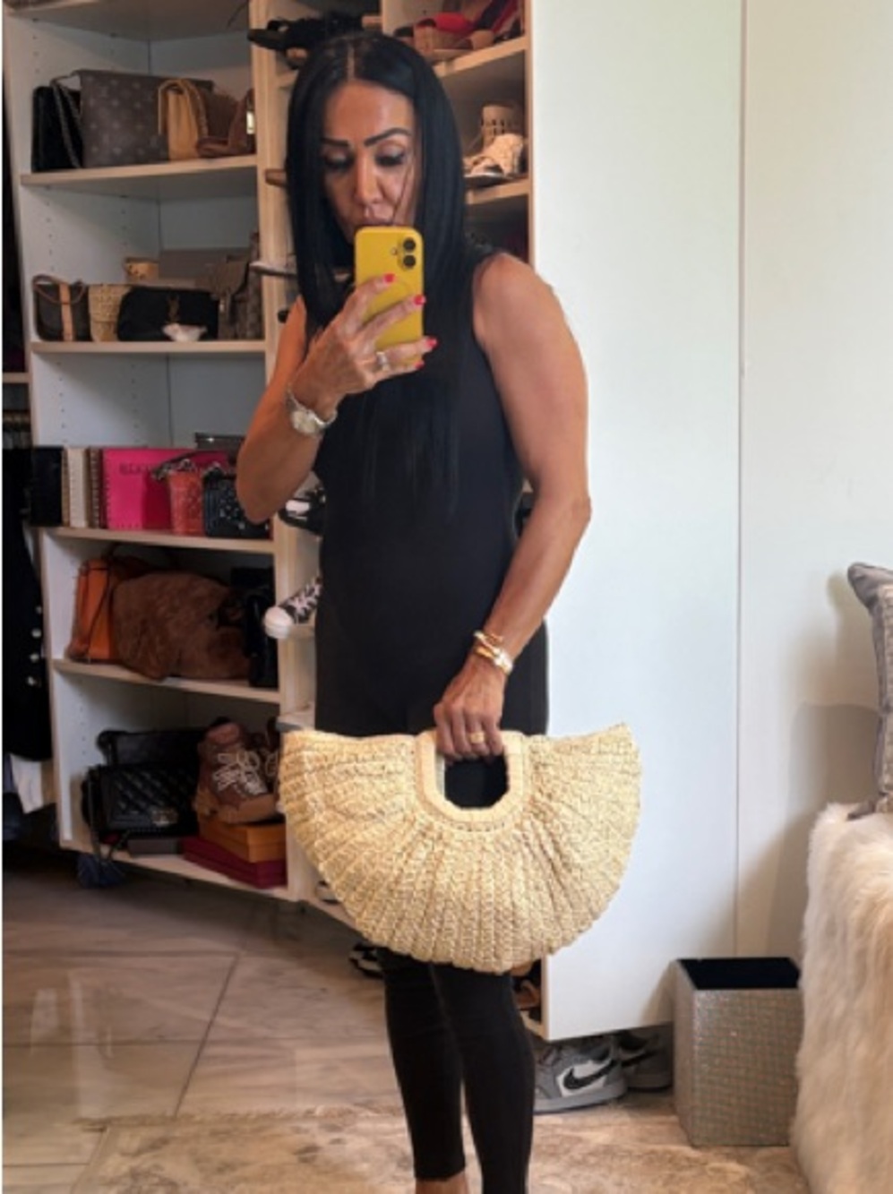 Handwoven Half-Moon Straw Tote in Natural Beige